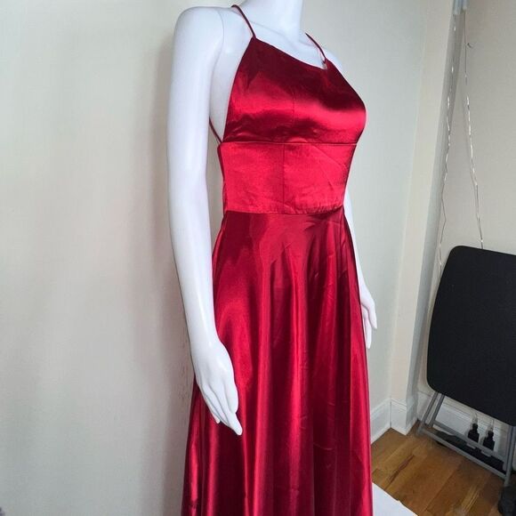 Betsy & Adam Criss Cross Back Spaghetti Strap Satin Gown - Picture 4 of 14